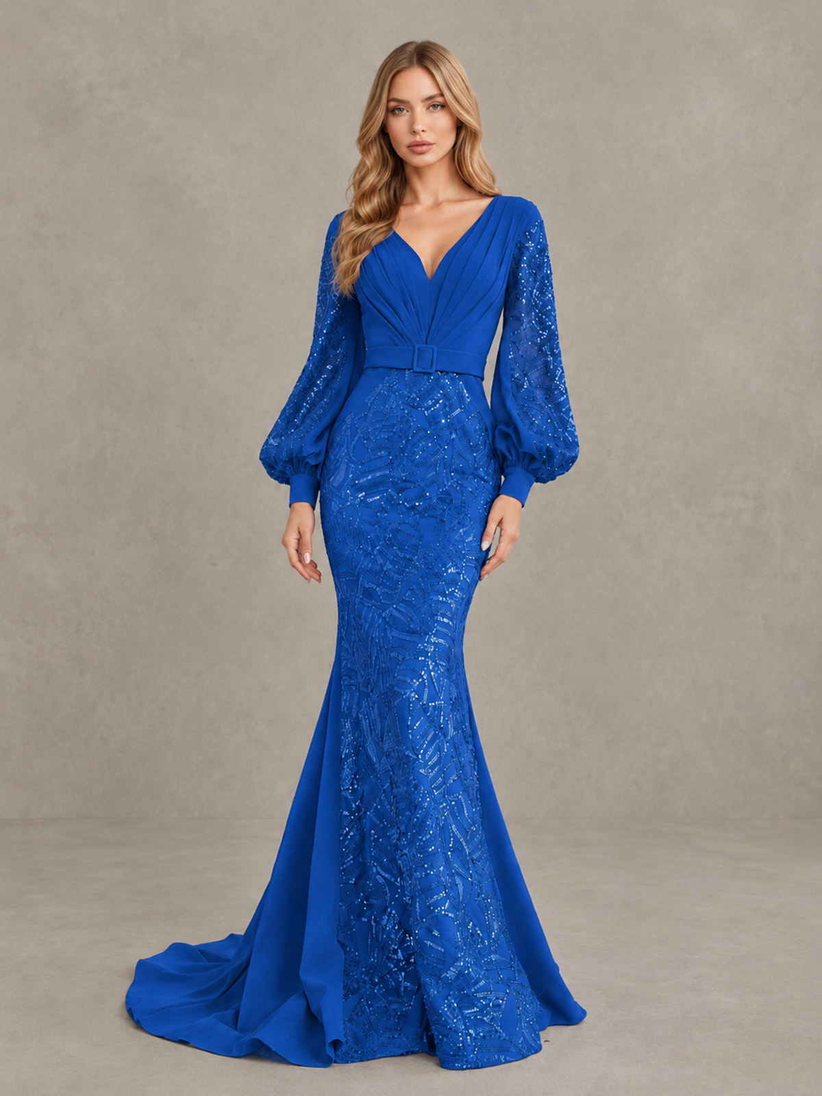 BOLODOO Blue Sequin Long Bishop Sleeve Mermaid Evening Dress - Blue - Blue (4)