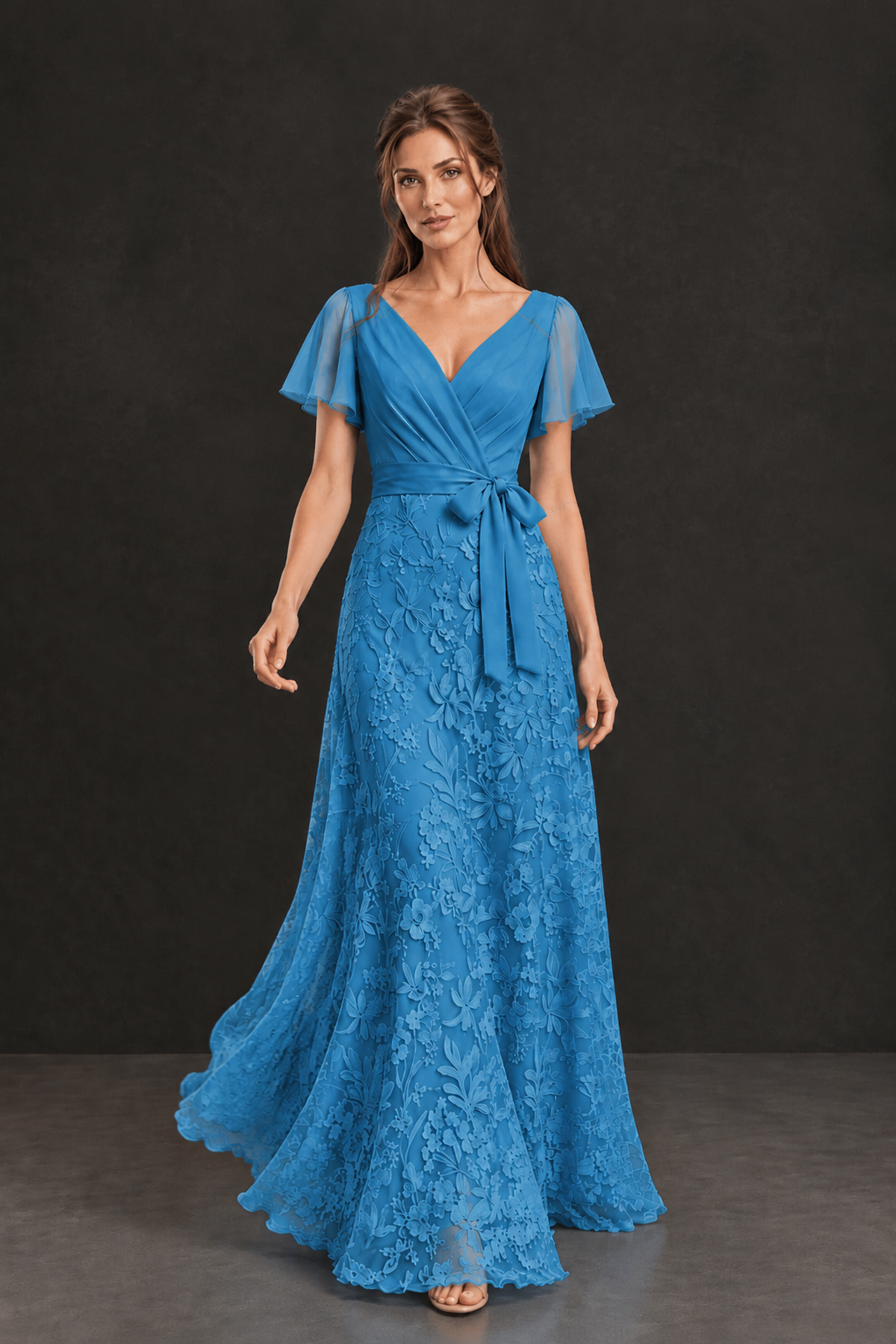 BOLODOO Blue Flutter Sleeve Lace Mother of the Bride Dress - Blue