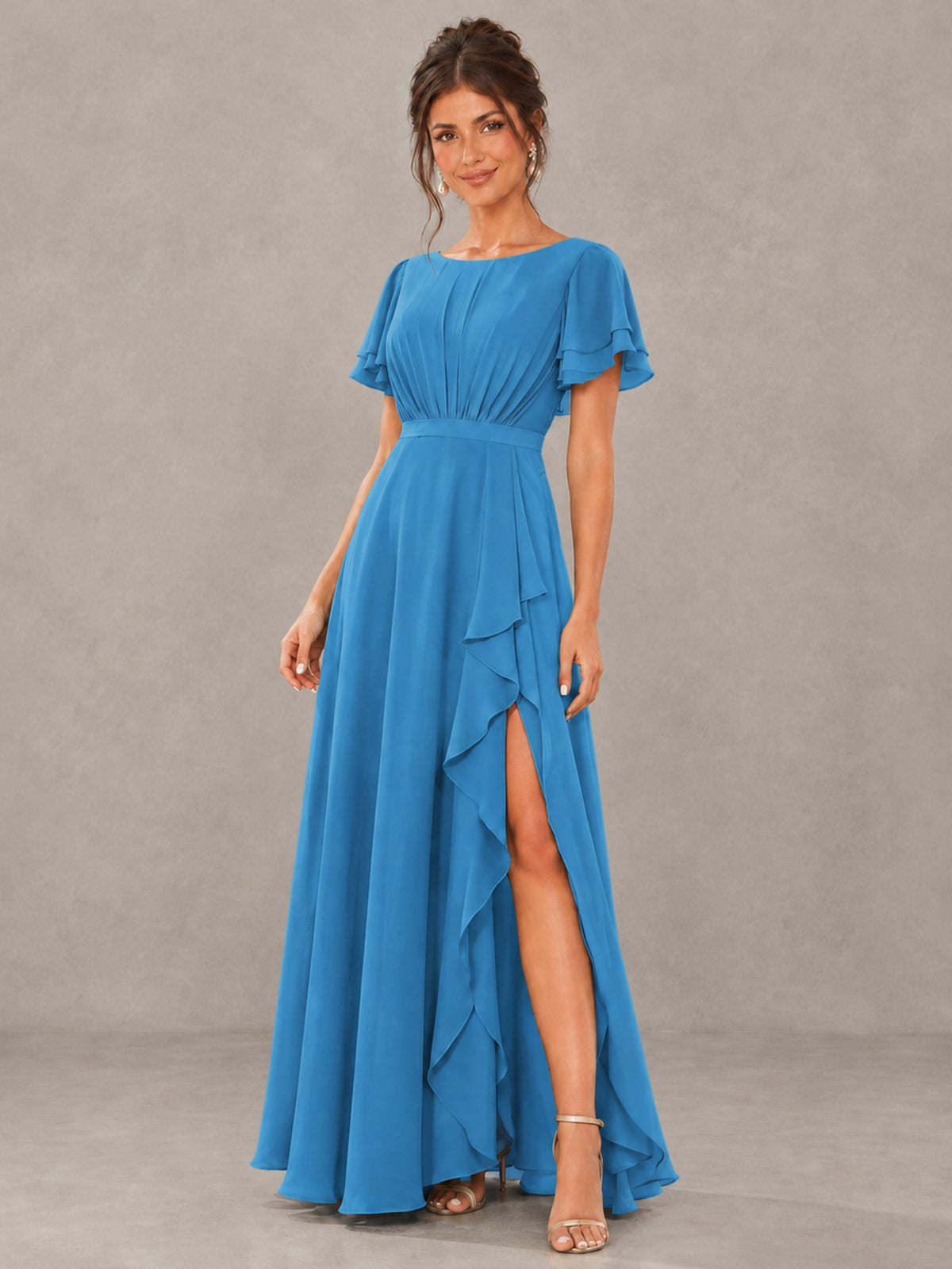 BOLODOO Blue Flutter Sleeve Ruffle Bridesmaid Dress with Slit - Blue - Blue (4)