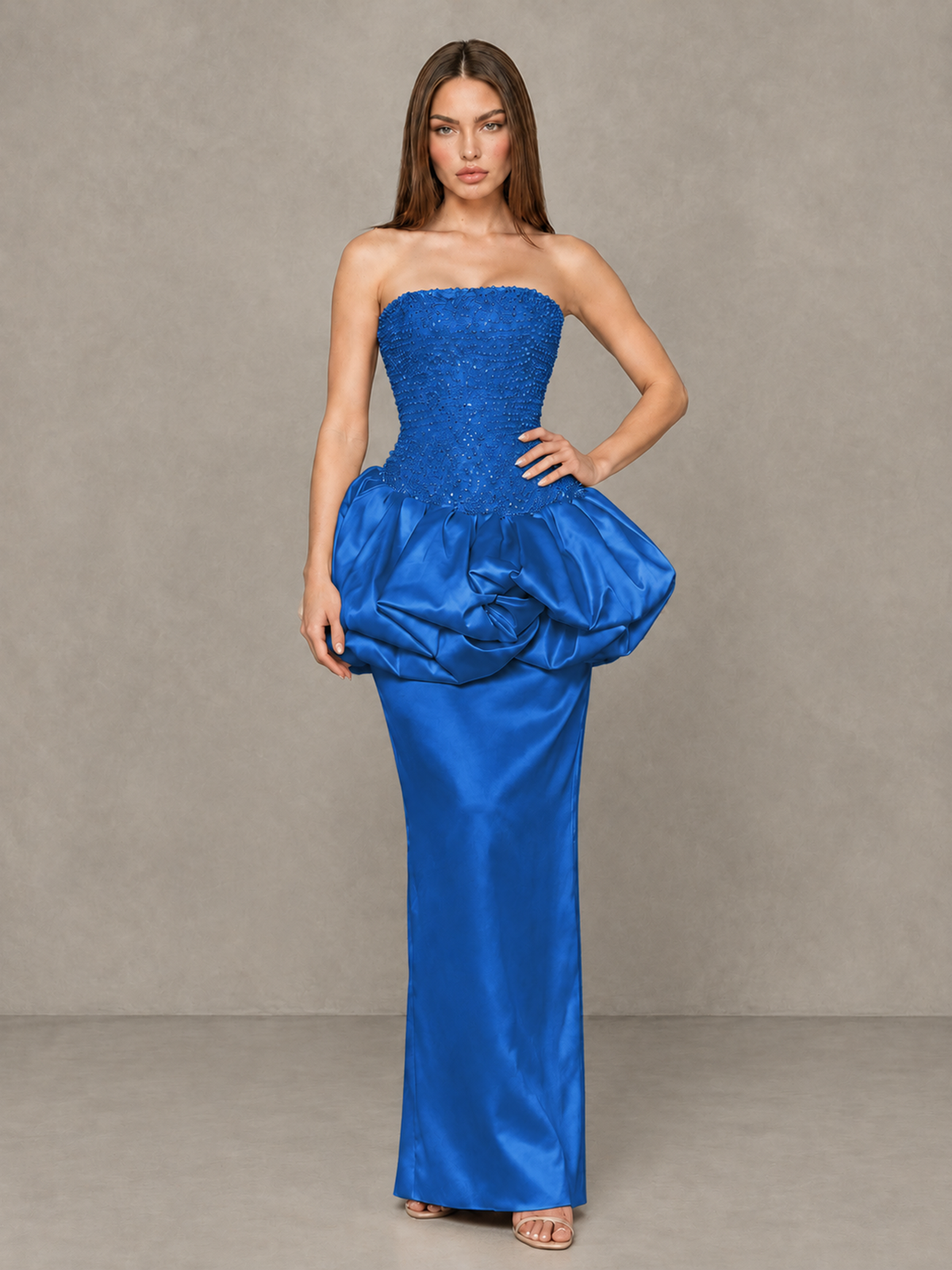 BOLODOO Blue Strapless Embellished Bubble Peplum Evening Dress - Blue - Blue (4)