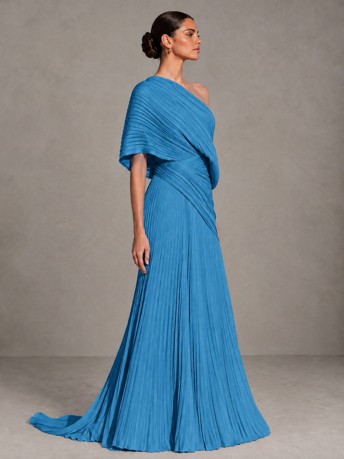 BOLODOO Blue One-Shoulder Pleated Cape Evening Gown with Train - Blue - Blue (4)
