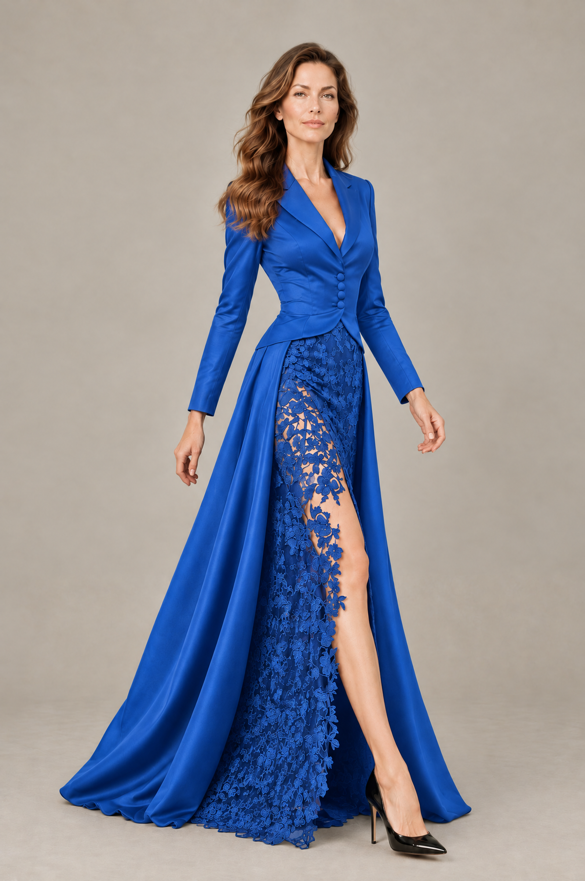BOLODOO Blue Long Sleeve Lace Blazer Gown with High Slit - Blue - Blue (4)