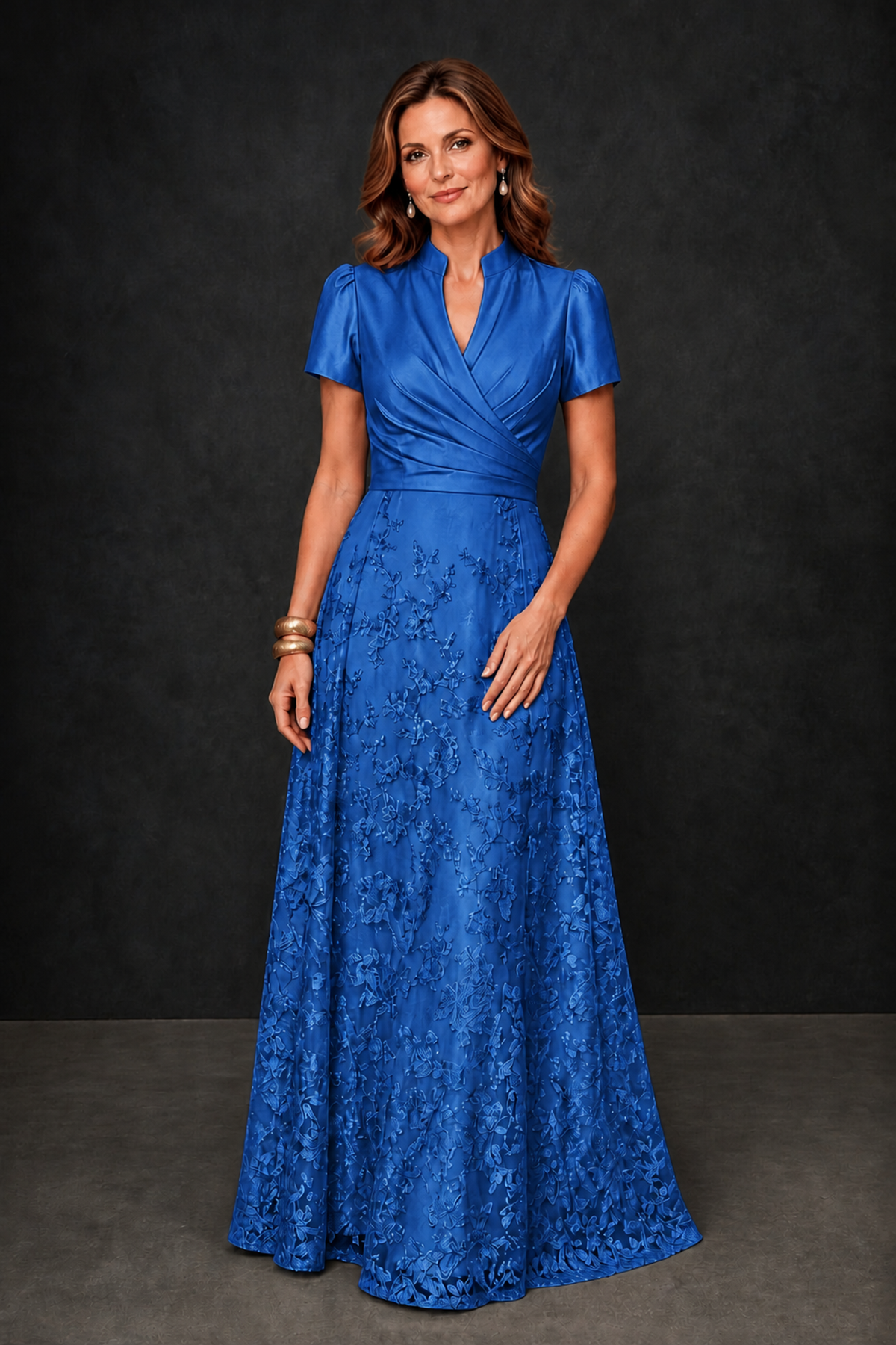 BOLODOO Blue Satin Wrap V-Neck Short Sleeve Lace Glitter A-Line Floor Length Evening Gown – Formal Dress - Blue - Blue (4)