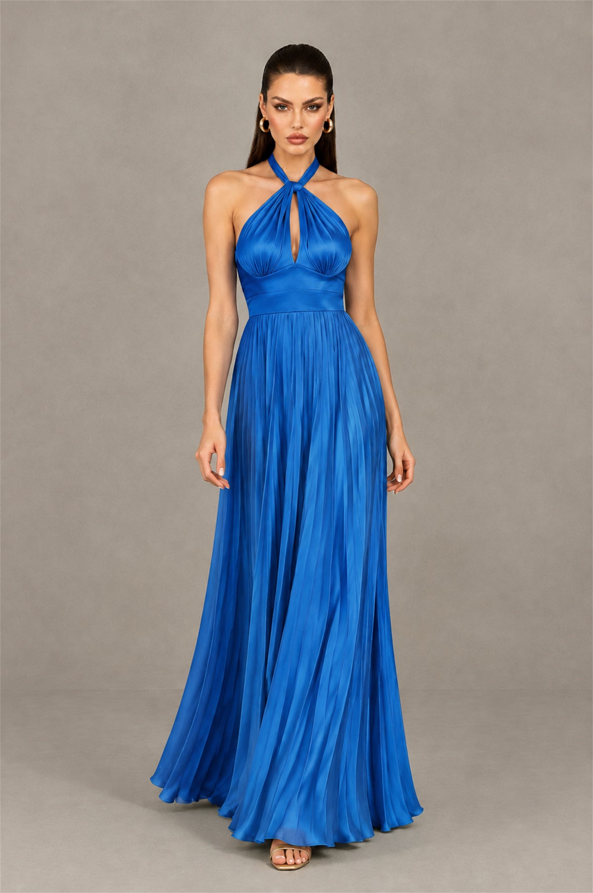BOLODOO Blue Halter Pleated A-Line Evening Dress - Blue