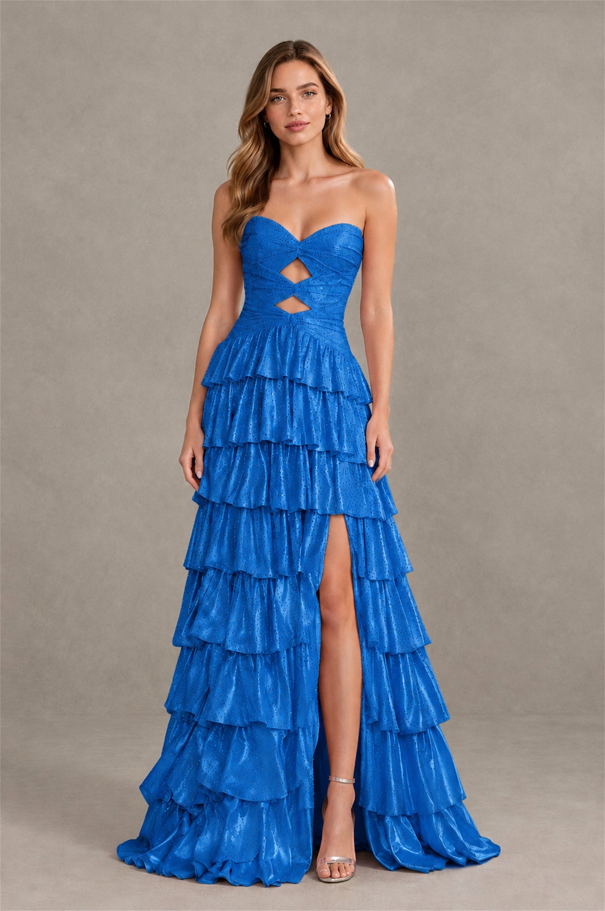 BOLODOO Blue Strapless Cutout Tiered Ruffle Prom Dress with High Slit - Blue - Blue (4)
