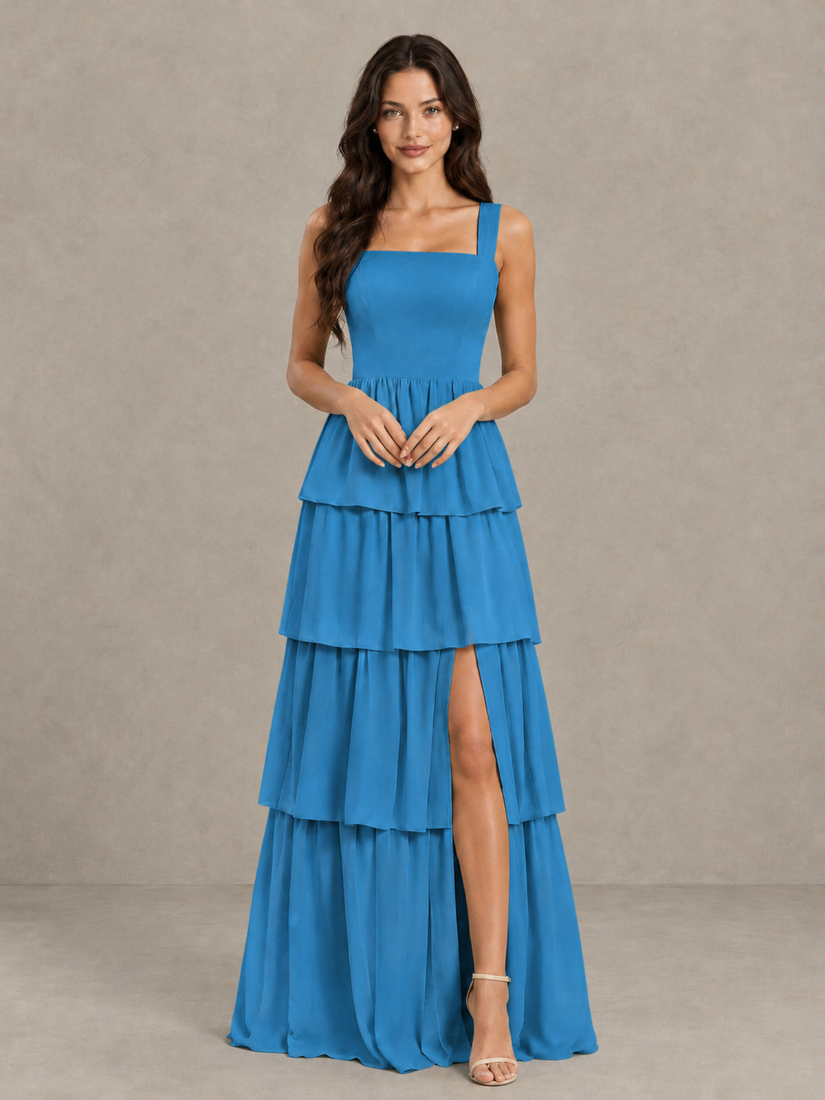 BOLODOO Blue Square Neck Tiered Bridesmaid Dress with Slit - Blue - Blue (4)