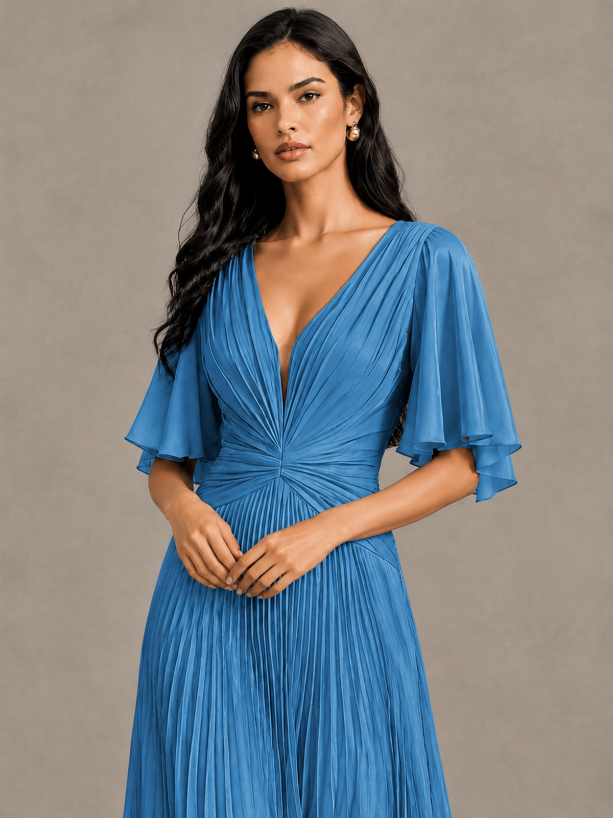 BOLODOO Blue Pleated V-Neck Flutter Sleeve Bridesmaid Dress - Blue - Blue (4)