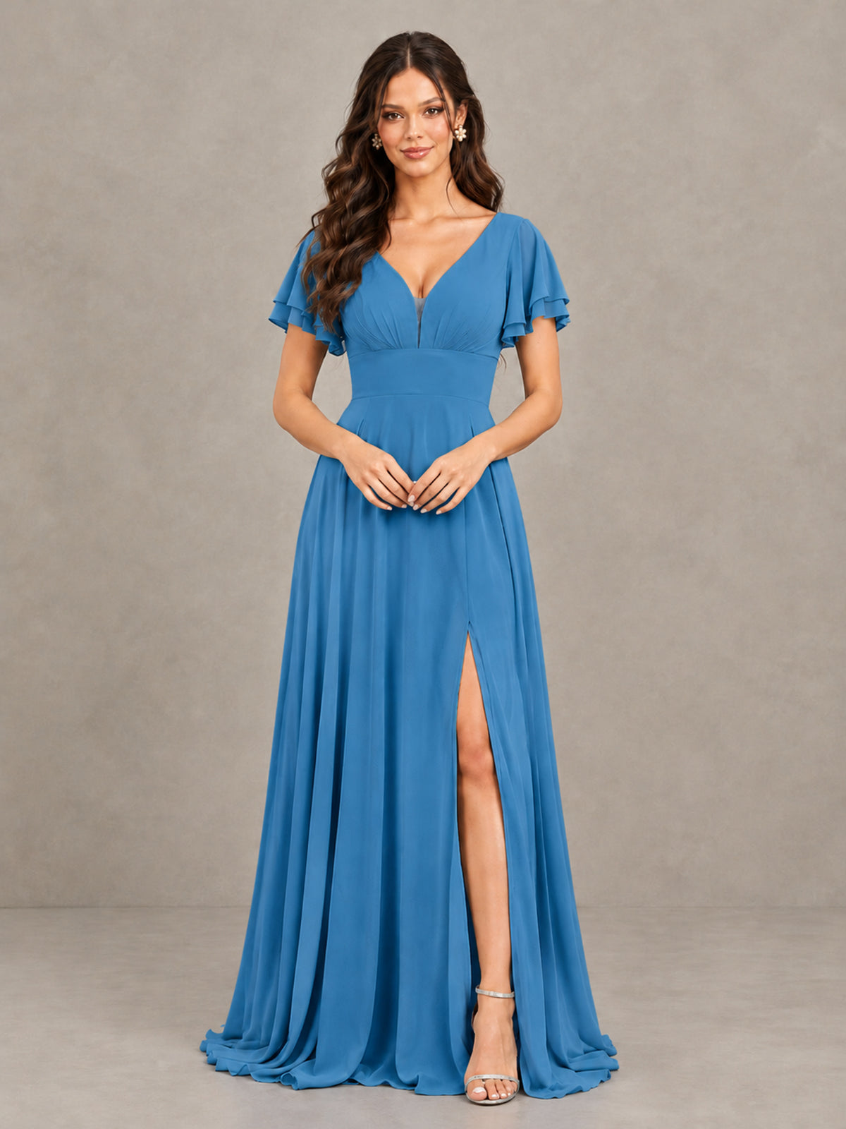 BOLODOO Blue Flutter Sleeve Chiffon A-Line Maxi Bridesmaid Dress with Open Back & Slit - Blue - Blue (4)