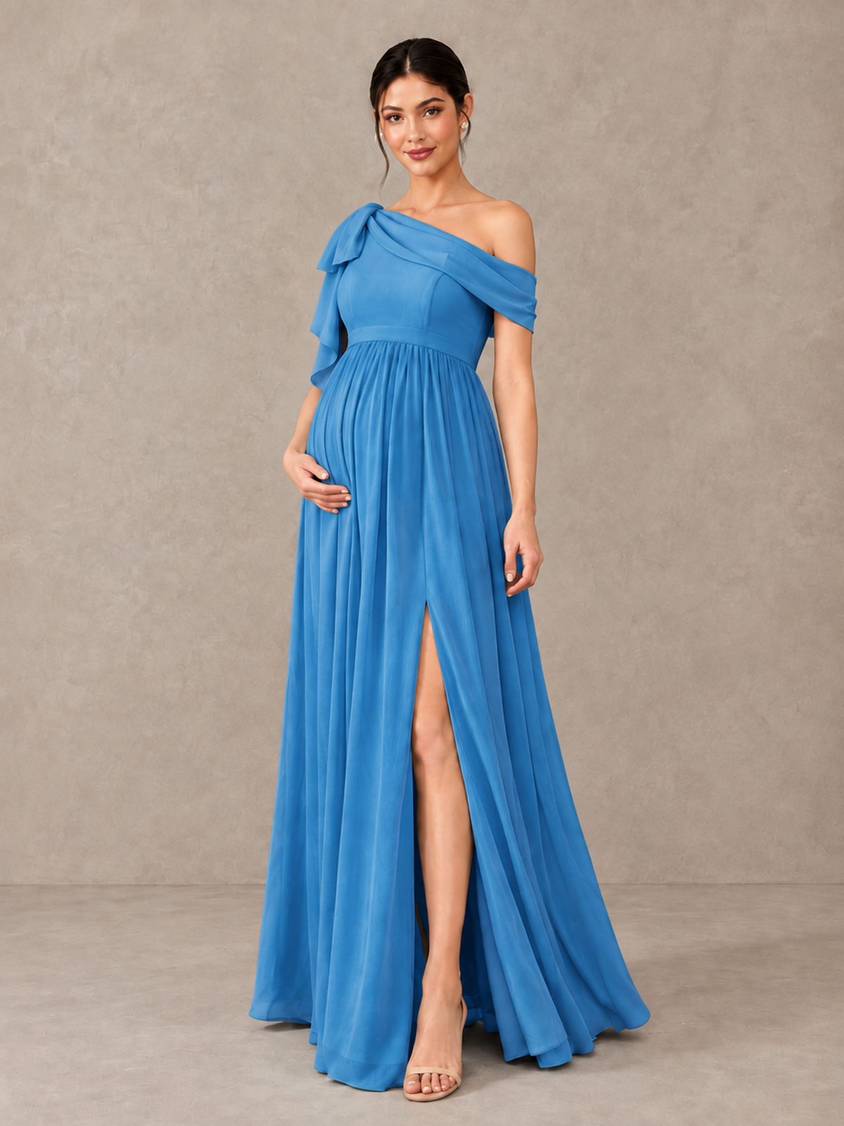 BOLODOO Blue One-Shoulder Maternity Bridesmaid Dress with Slit - Blue - Blue (4)