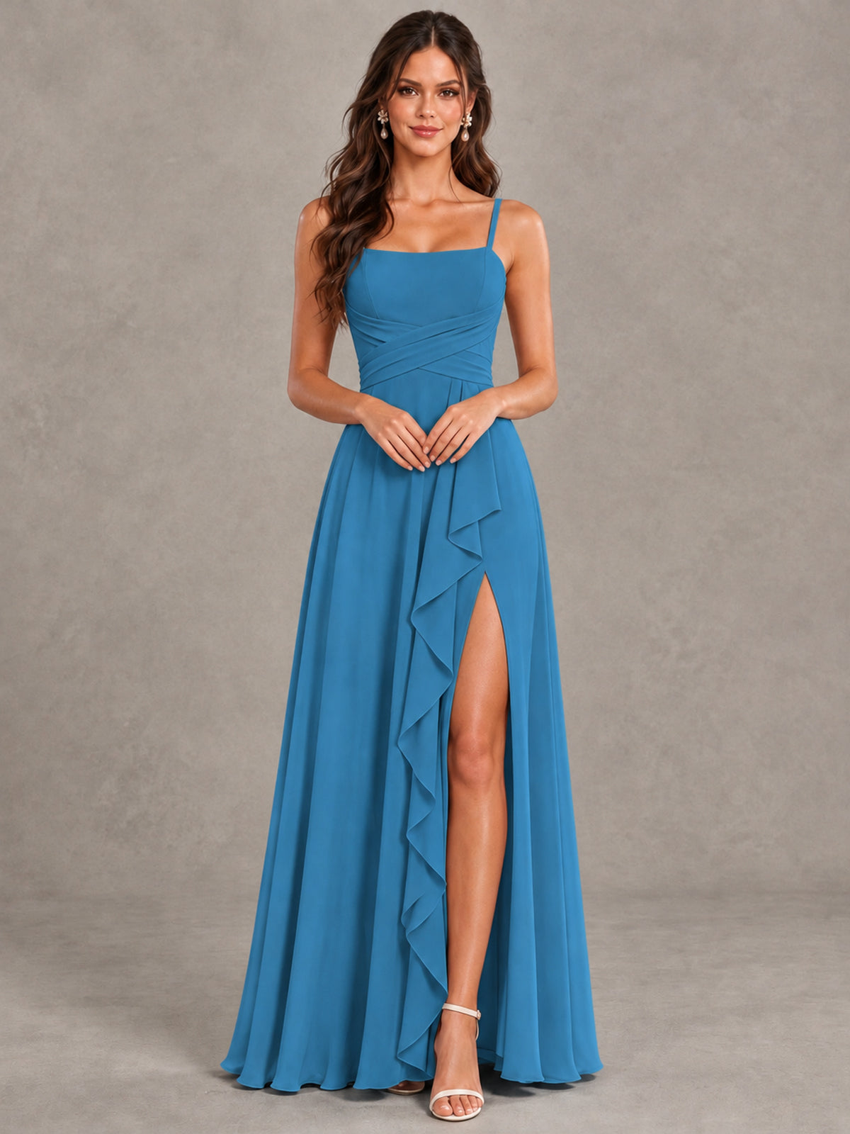 BOLODOO Blue Spaghetti Strap Ruffle Bridesmaid Dress with Slit - Blue - Blue (4)
