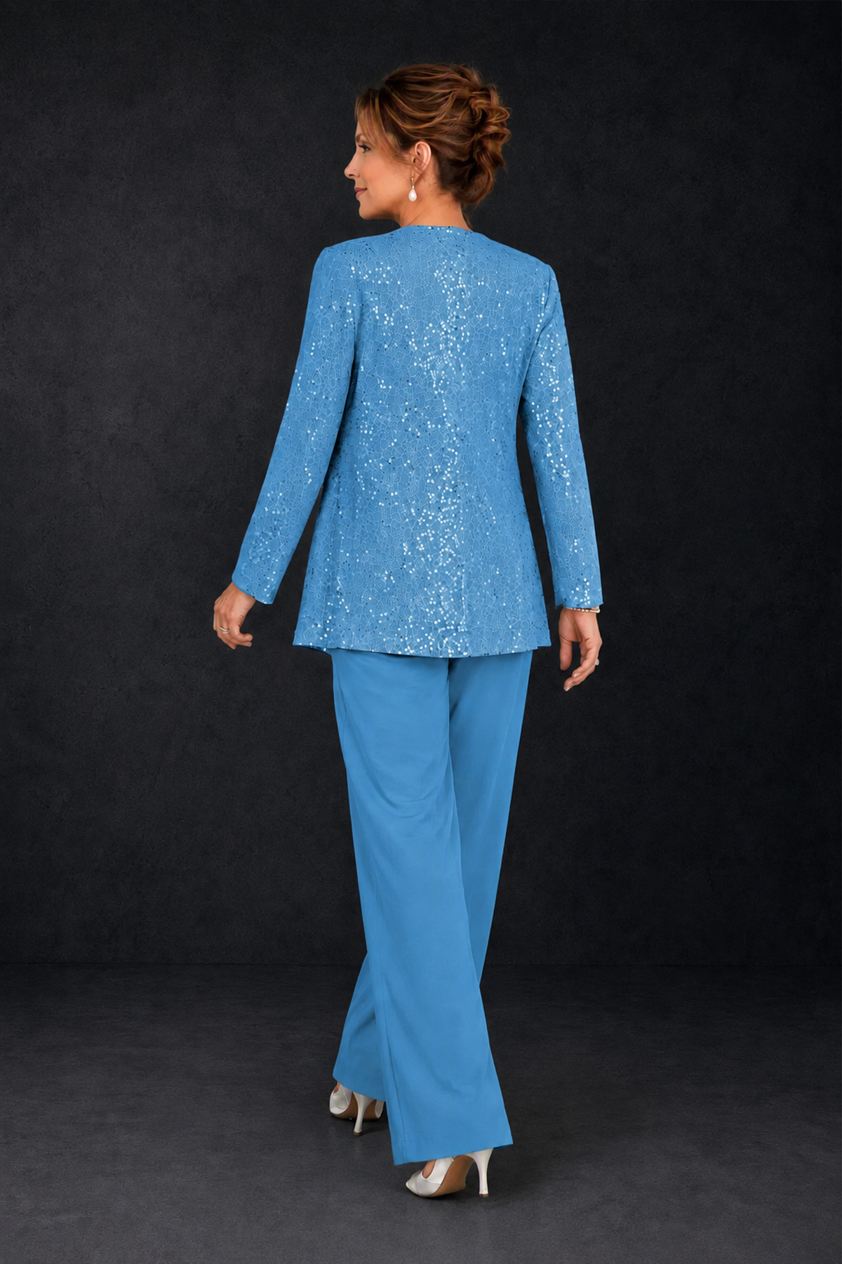 BOLODOO Blue Sequin Lace 3-Piece Pant Suit with Long Sleeve Jacket - Blue - Blue (4)