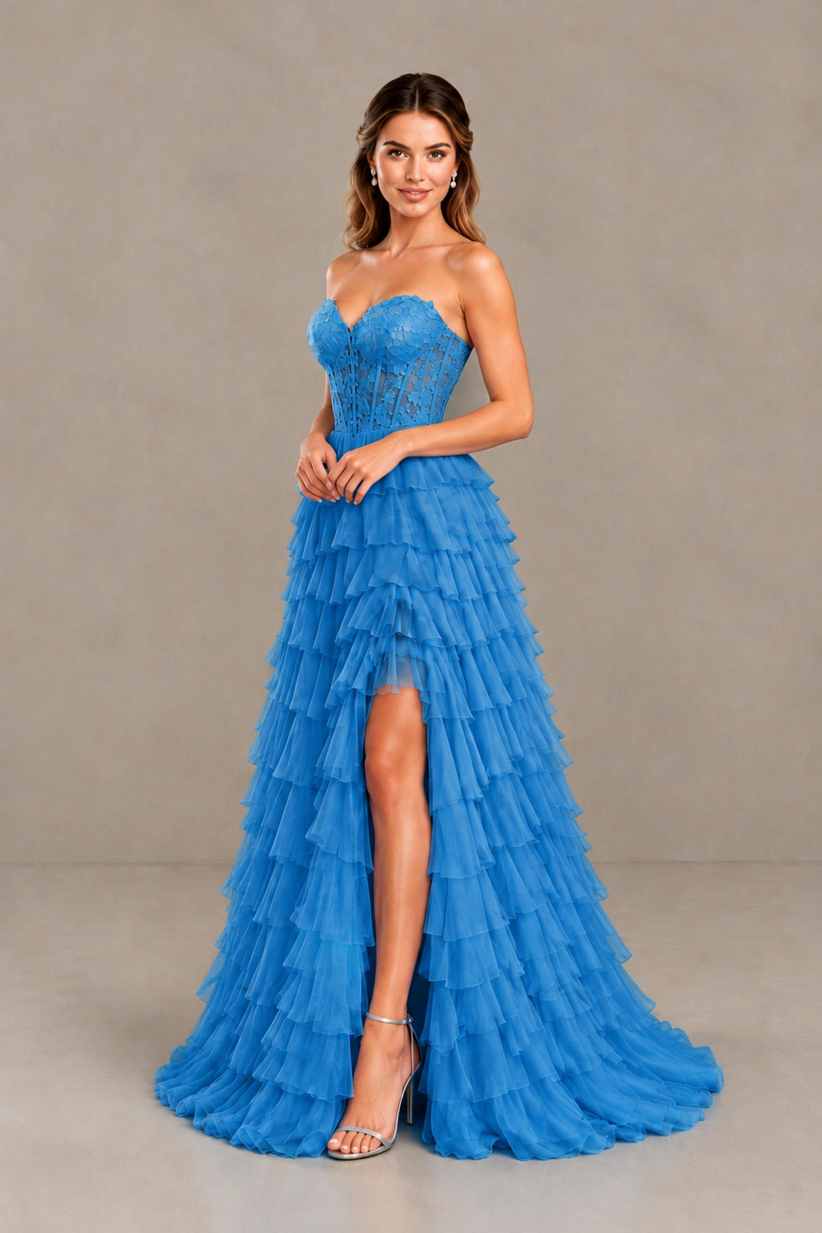 BOLODOO Blue Strapless Lace Corset Tiered Ruffle Prom Dress with Slit - Blue - Blue (4)