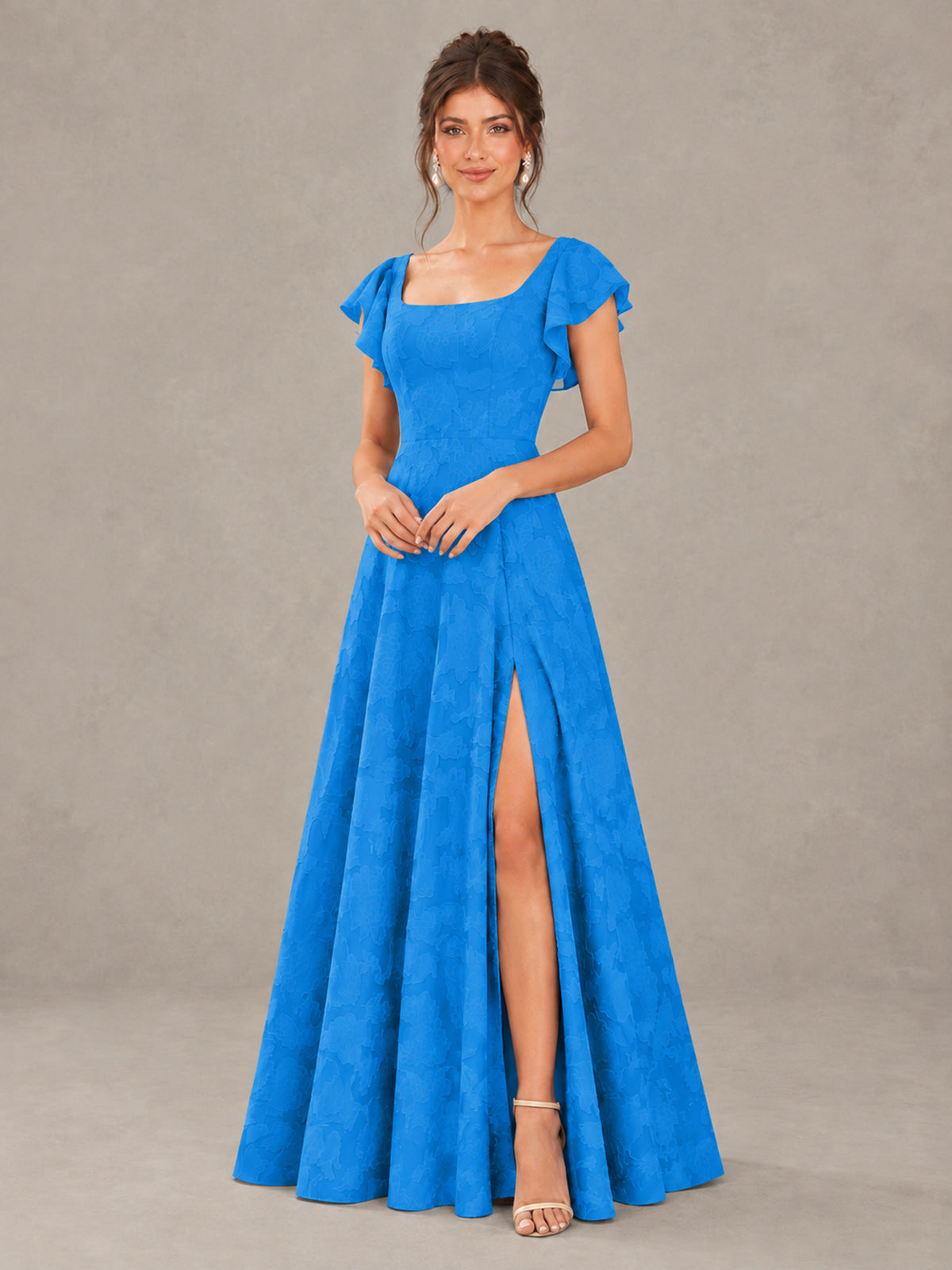 BOLODOO Blue Floral Flutter Sleeve Bridesmaid Dress with Slit - Blue - Blue (4)