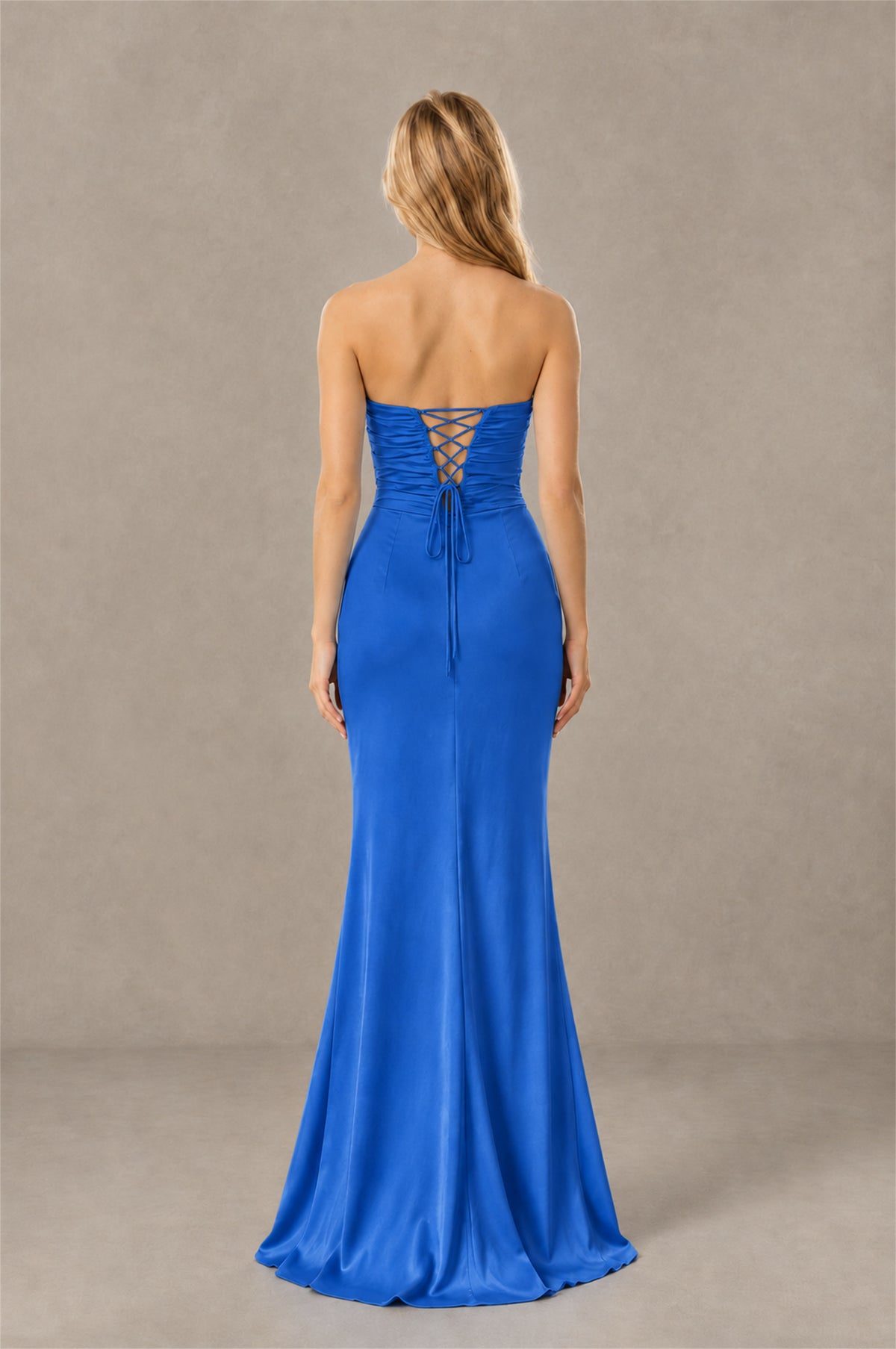 BOLODOO Blue Sweetheart Strapless Twist Knot Cutout Lace-Up Back Satin Mermaid Maxi Dress - Blue - Blue (4)