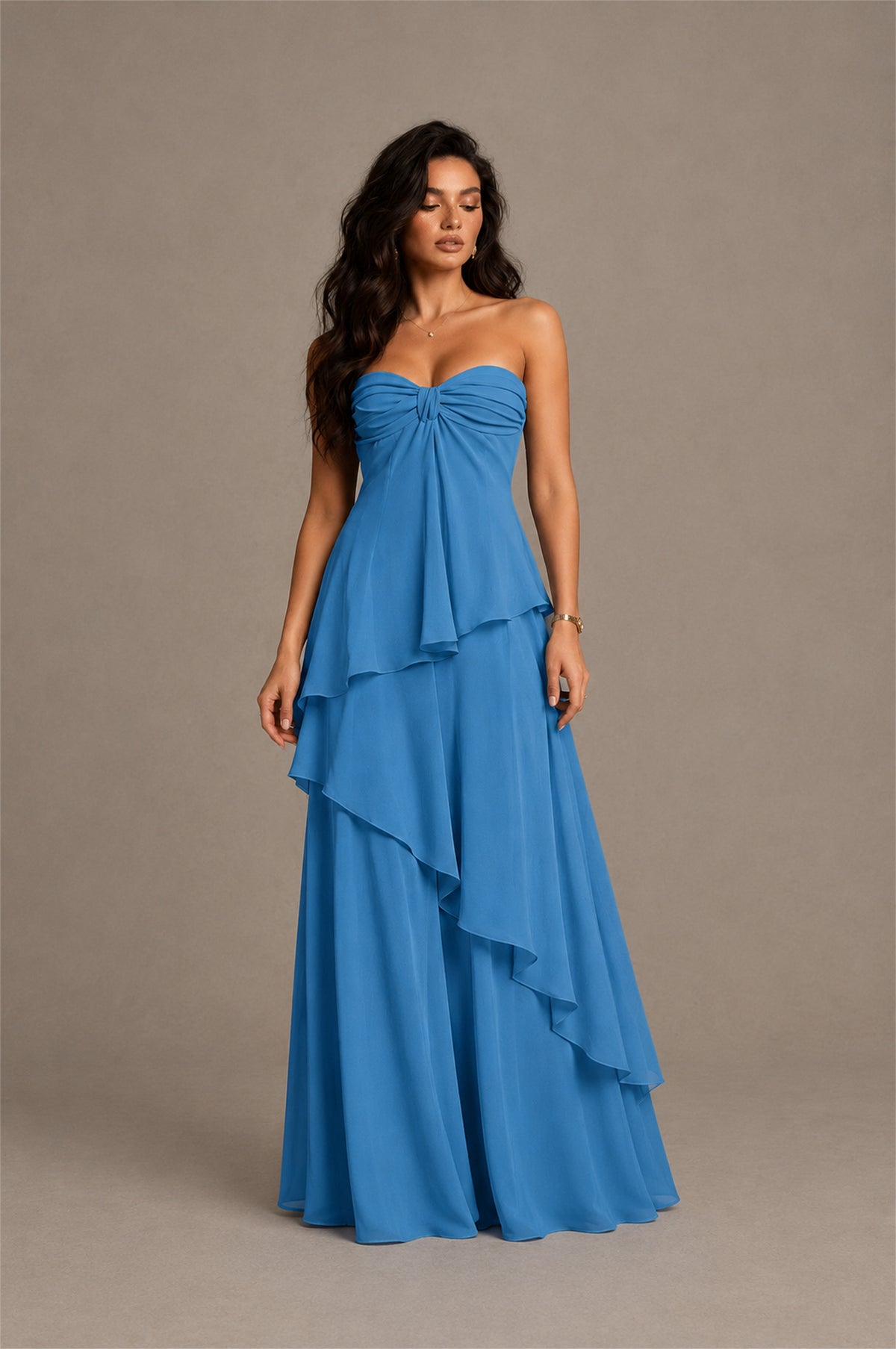 BOLODOO Blue Strapless Sweetheart Knotted Chiffon Tiered Maxi Dress with Lace-Up Back - Blue