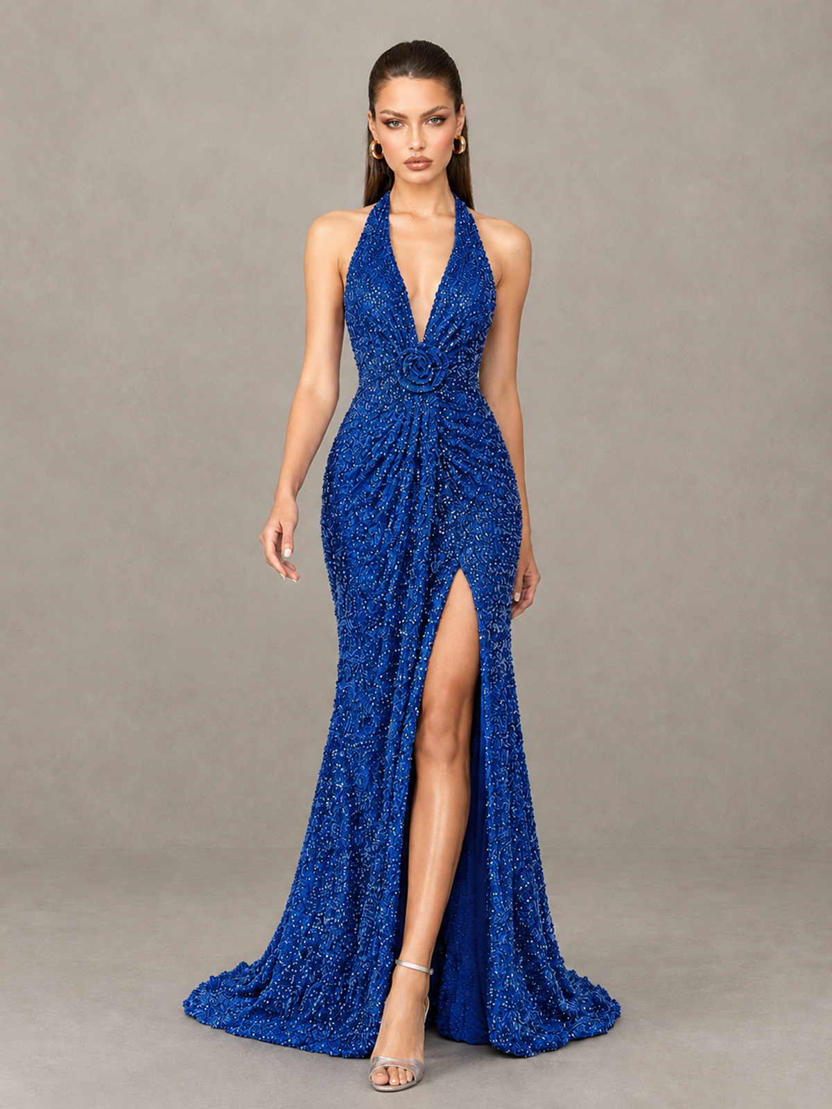 BOLODOO Blue Sequin Halter Open Back Evening Gown with High Slit - Blue - Blue (4)