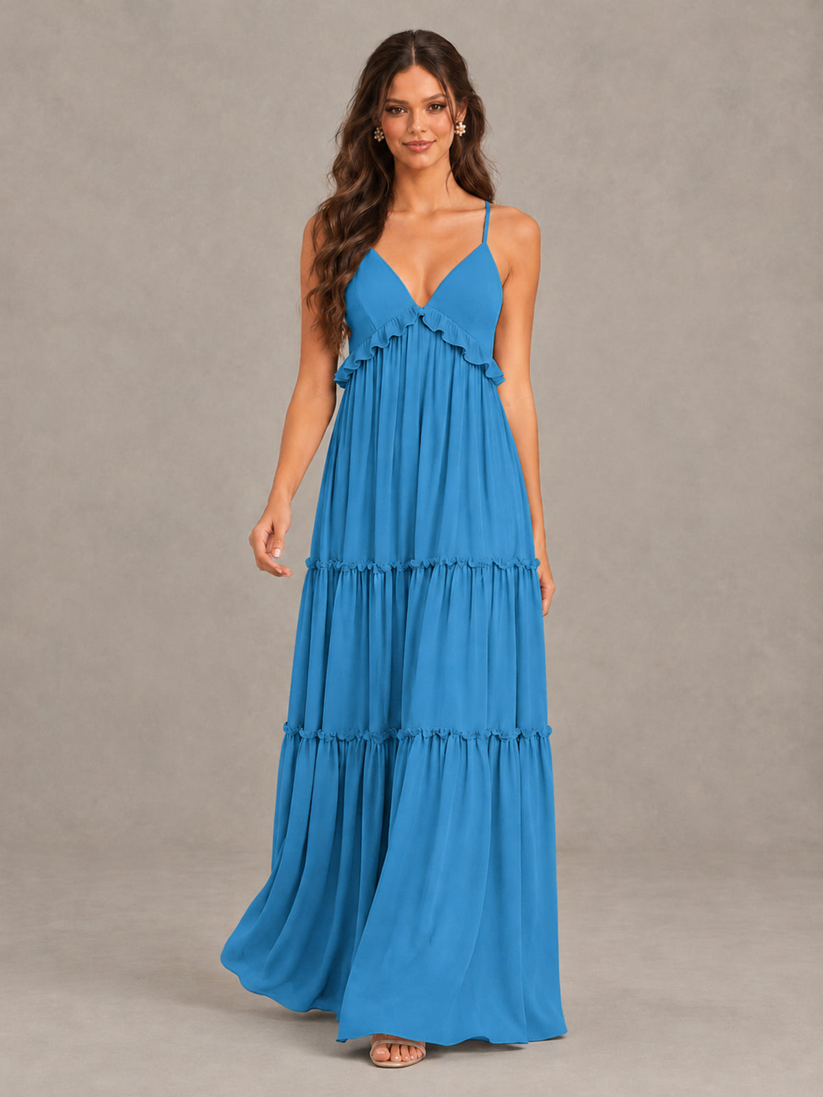 BOLODOO Blue Tiered V-Neck Lace-Up Back Bridesmaid Dress - Blue - Blue (4)