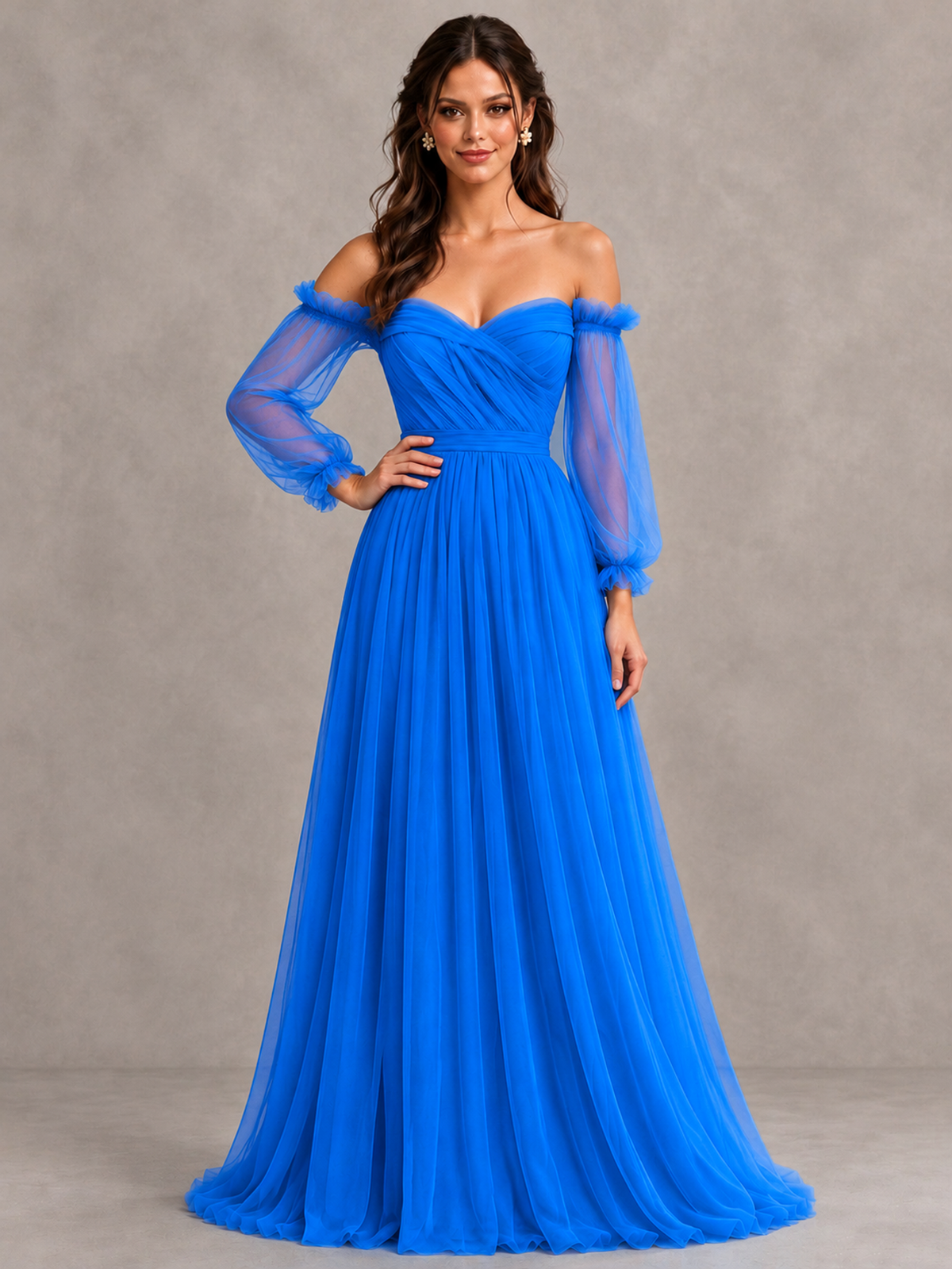BOLODOO Blue Off-the-Shoulder Long Sleeve A-Line Bridesmaid Dress - Blue - Blue (4)