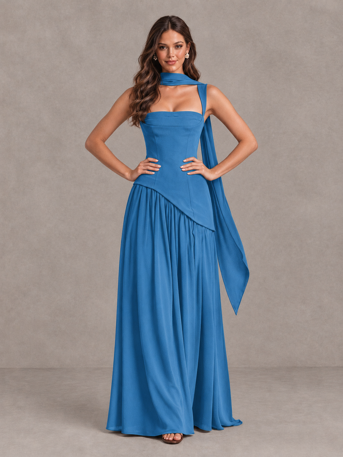 BOLODOO Blue Brown Scarf Bridesmaid Dress with Lace-Up Back - Blue - Blue (4)