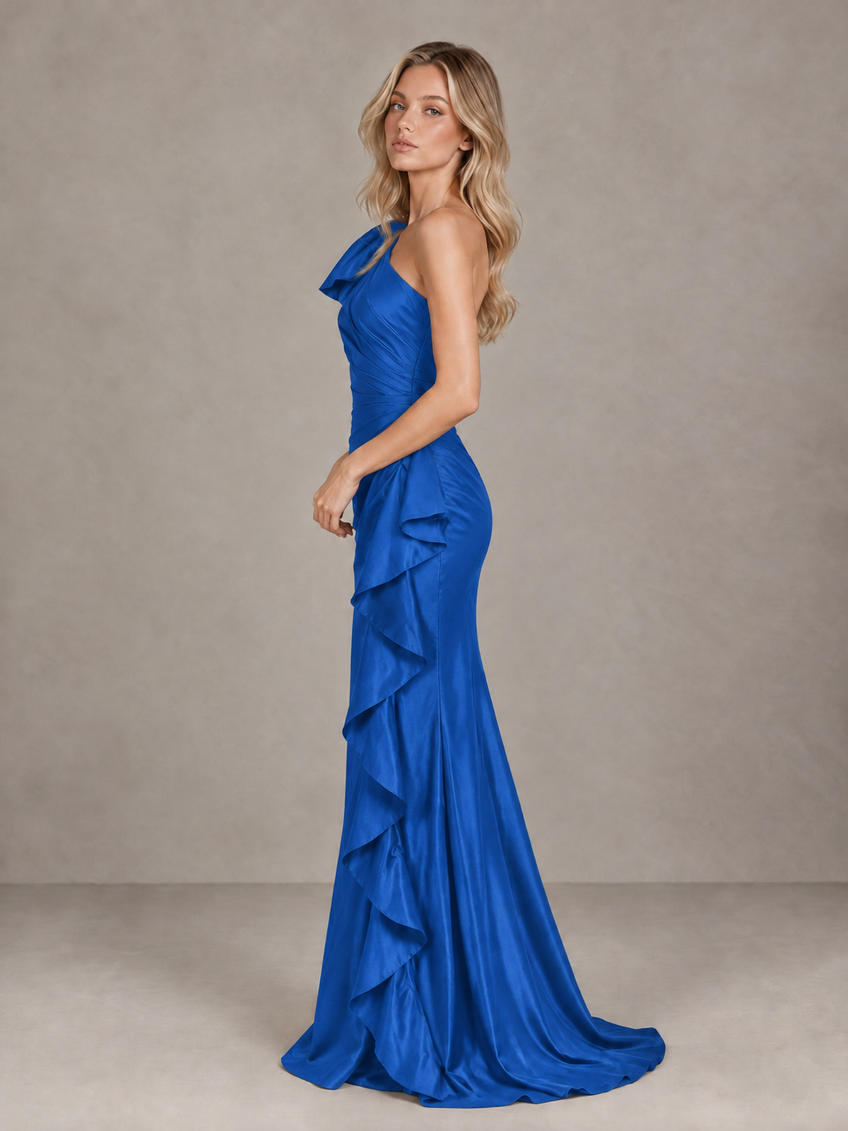 BOLODOO Blue One-Shoulder Satin-Look Mermaid Evening Dress with Ruffles - Blue - Blue (4)
