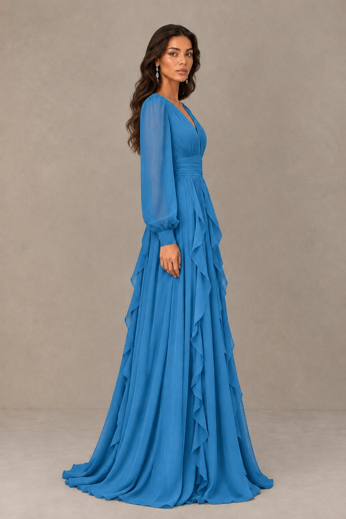 BOLODOO Blue Long Sleeve V-Neck Ruffle Maxi Dress - Blue - Blue (4)