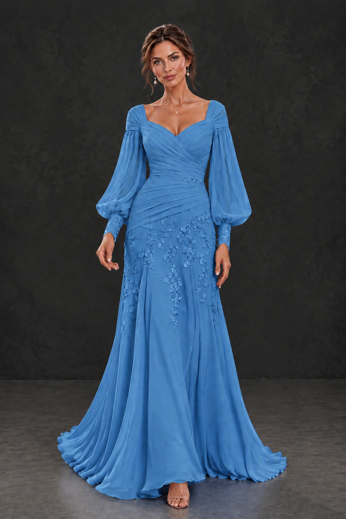 BOLODOO Blue Long Sleeve Mother of the Bride Dress with Floral Appliqués - Blue - Blue (4)