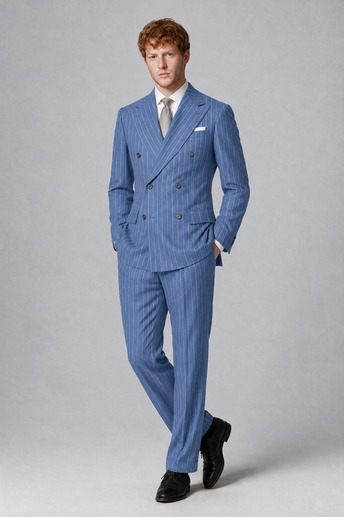 Bolodoo Men's Blue Pinstripe Double-Breasted 2-Piece Suit – Jacket & Trousers - Blue - Blue (4)