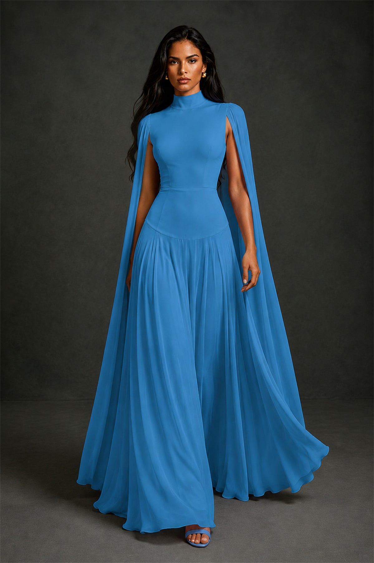 BOLODOO Blue Mock Neck Cape Sleeve A-Line Chiffon Maxi Dress - Blue - Blue (4)