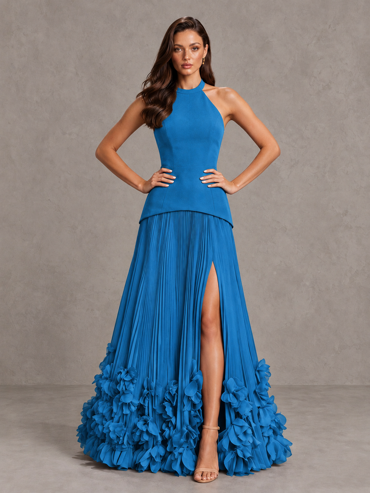 BOLODOO Blue Halter Neck Floor-Length Evening Gown with High Slit & 3D Floral Hem - Blue - Blue (4)