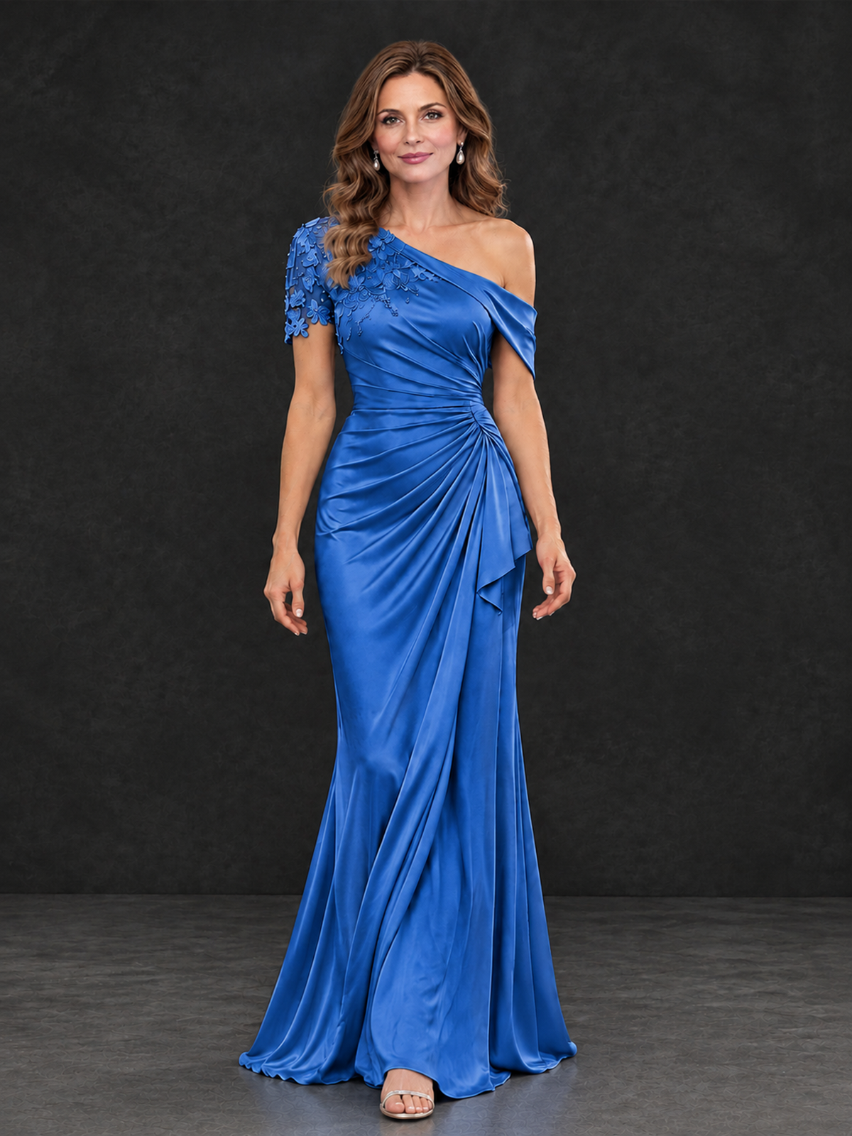 BOLODOO Blue Asymmetric Satin Mother of the Bride Dress with Lace Sleeve - Blue - Blue (4)