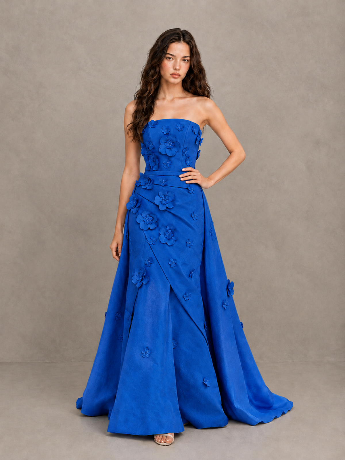 BOLODOO Blue Strapless 3D Floral Applique Prom Gown with Draped Skirt - Blue - Blue (4)
