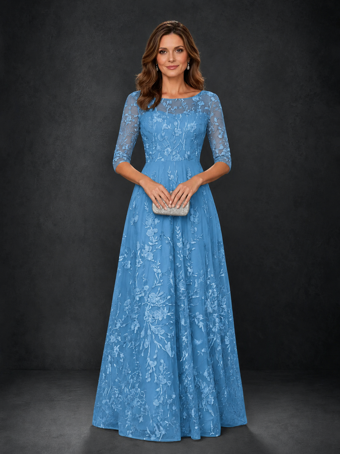 BOLODOO Blue Illusion Bateau Neck 3/4 Sleeve Floral Lace A-Line Mother of the Bride Dress MX007 - Blue