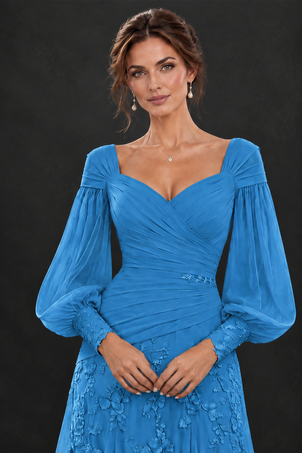 BOLODOO Blue Long Sleeve Mother of the Bride Dress with Floral Appliqués - Blue - Blue (5)
