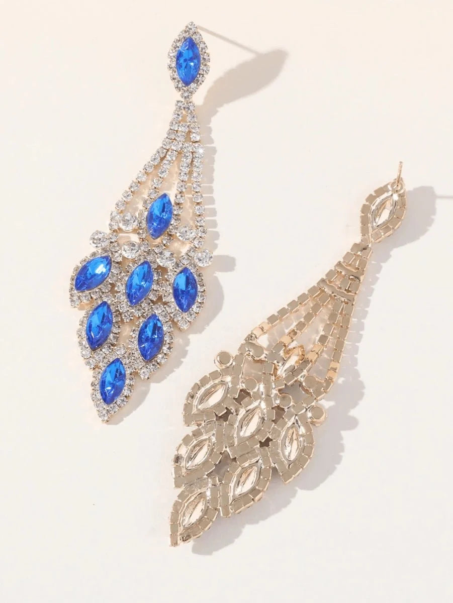 Blue Statement Rhinestones Tassel Long Earrings