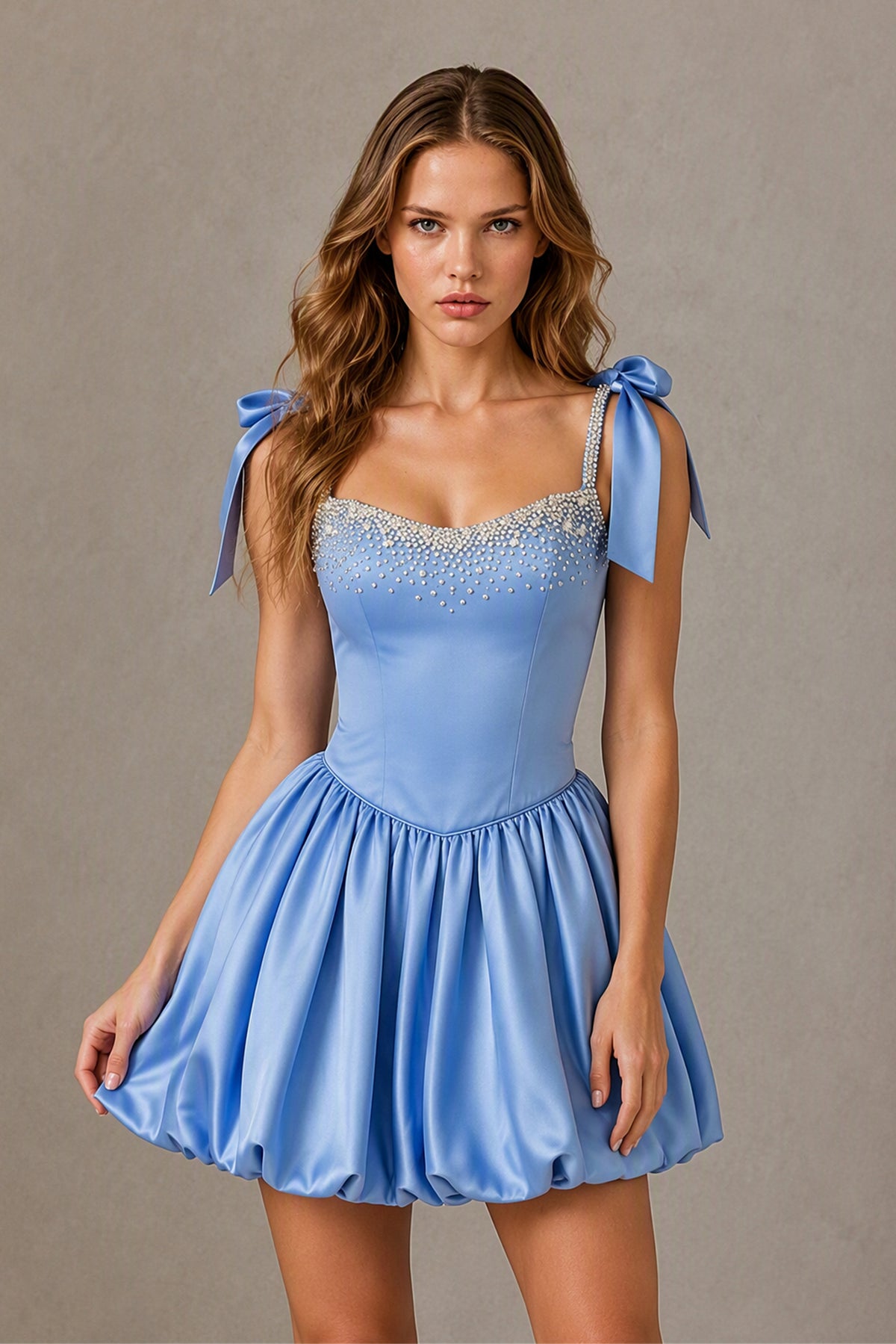 BOLODOO Blue Satin Pearl Embellished Sweetheart Bow Strap Bubble Hem Mini Dress - Front Three-Quarter View