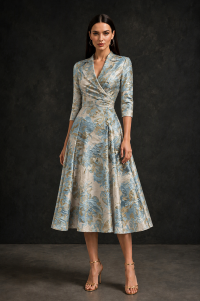 BOLODOO Dusty Blue Floral Jacquard Wrap Midi Dress with Three-Quarter Sleeves 