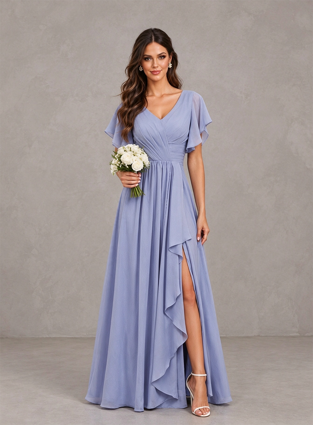 BOLODOO Dusty Blue Flutter Sleeve V-Neck Bridesmaid Dress with Ruffle Slit 