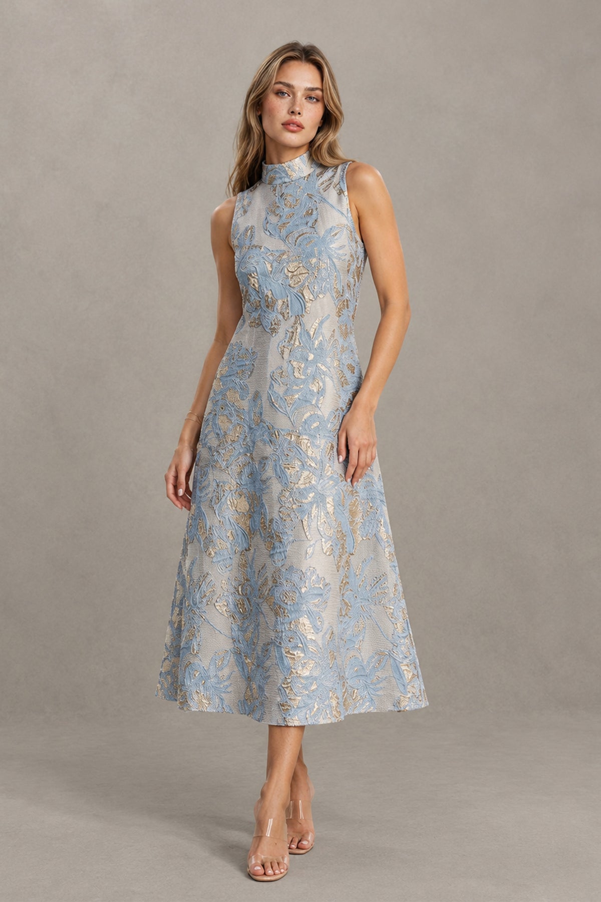 BOLODOO light blue floral jacquard sleeveless midi dress front view