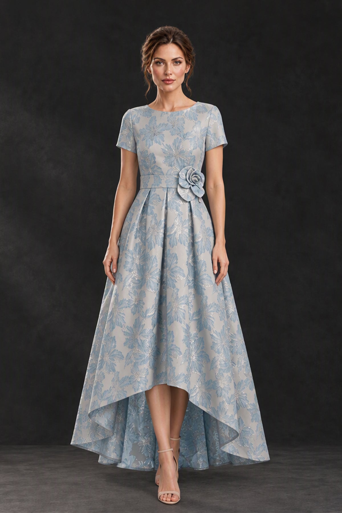 BOLODOO XX086 light blue floral mother of the bride dress with short sleeves, waist flower and high-low hem, front view