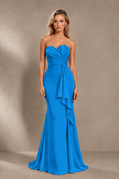 BOLODOO Blue Strapless Sweetheart Ruched Mermaid Gown | Cascade Drape Formal Evening Dress 