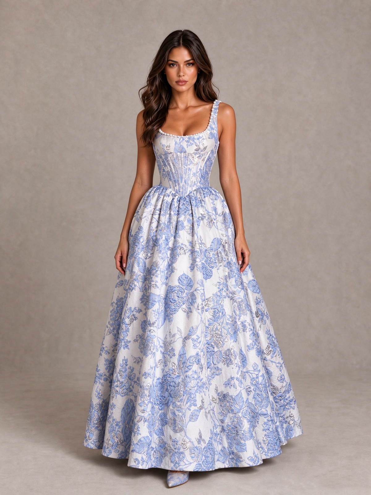 BOLODOO Light Blue Floral Corset A-Line Prom Dress with Lace-Up Back 