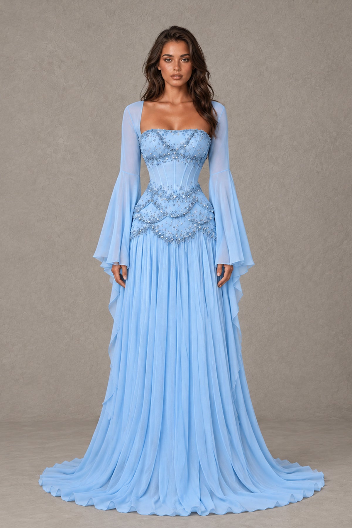 BOLODOO light blue embellished corset gown with long bell sleeves and sweep train, front view