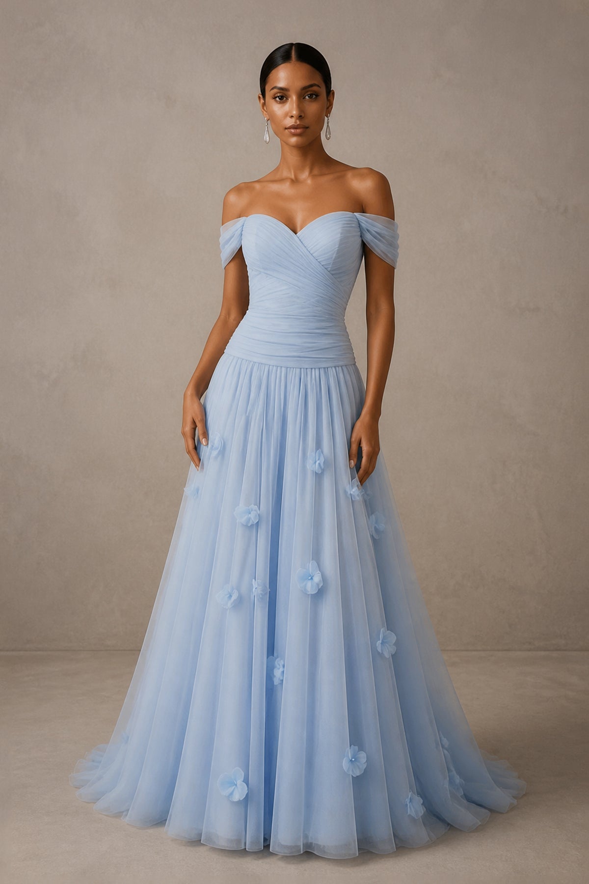 BOLODOO Blue Off-Shoulder Tulle A-Line Gown - Front Close-Up