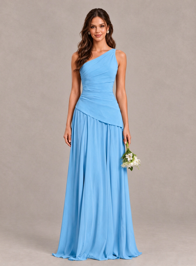 BOLODOO Sky Blue One-Shoulder Lace-Up Back Bridesmaid Dress 