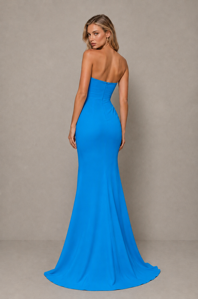 BOLODOO Blue Strapless Sweetheart Ruched Mermaid Gown | Cascade Drape Formal Evening Dress 