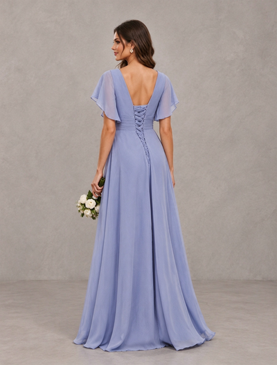 BOLODOO Dusty Blue Flutter Sleeve V-Neck Bridesmaid Dress with Ruffle Slit 