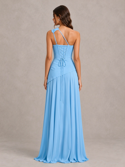 BOLODOO Sky Blue One-Shoulder Lace-Up Back Bridesmaid Dress 