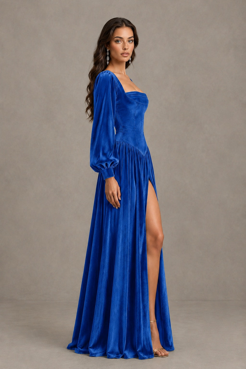 BOLODOO FQ0057 royal blue gown, angled view of fitted bodice and flowing floor-length skirt