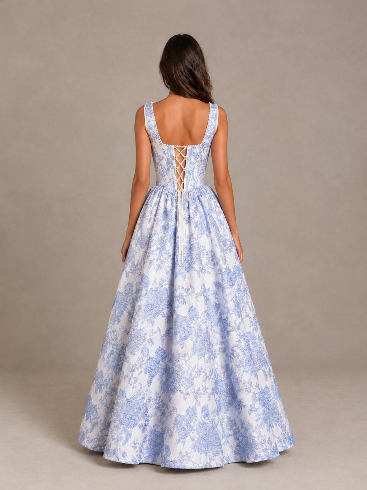 BOLODOO Light Blue Floral Corset A-Line Prom Dress with Lace-Up Back 