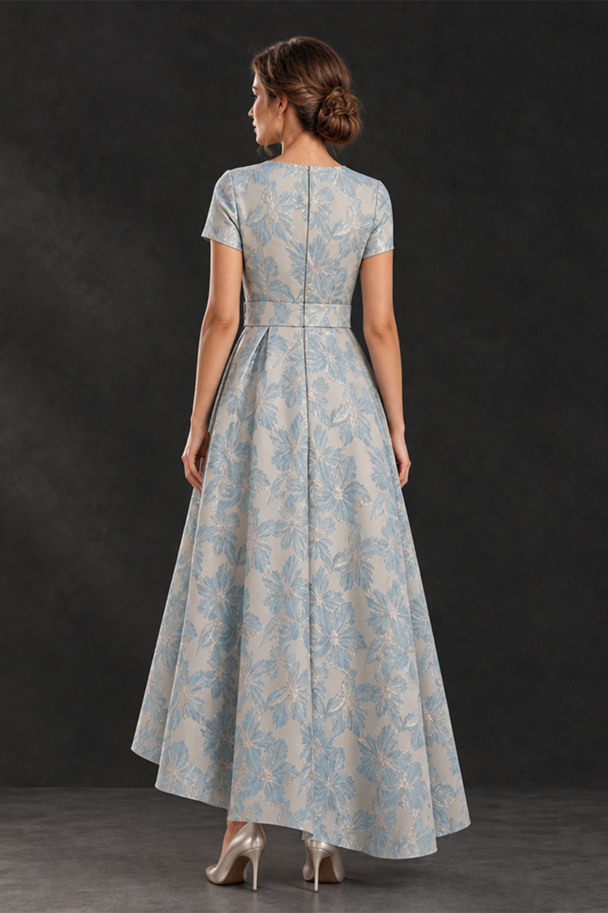 BOLODOO XX086 light blue floral mother of the bride dress showing covered back, center-back zipper and pleated skirt, rear view